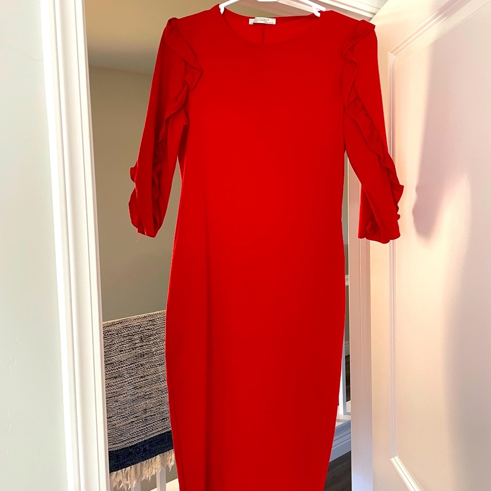 Red MIDI Dress with Ruffled 3/4 length sleeves